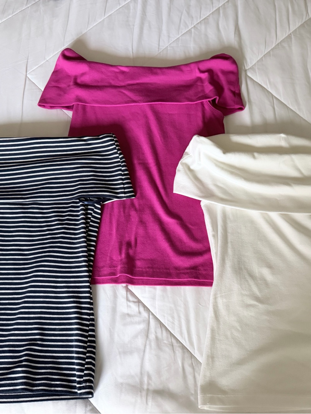 Loft Striped Navy & White, Fuchsia, and White Off-Shoulder Tops - 3 Pack